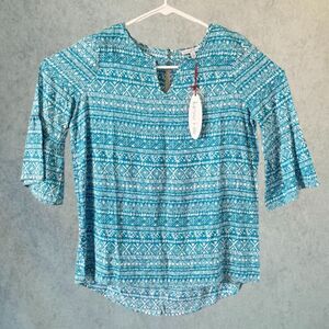 Karissa and Me Womens Blouse Teal Pullover Flare Sleeves Aztec Print Size S NEW!